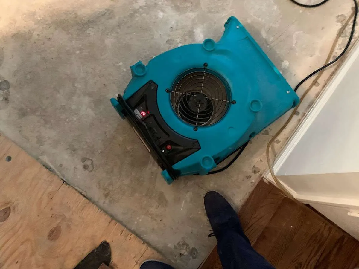 Air mover drying subfloor during Commercial Water Damage Restoration in Phillipsburg